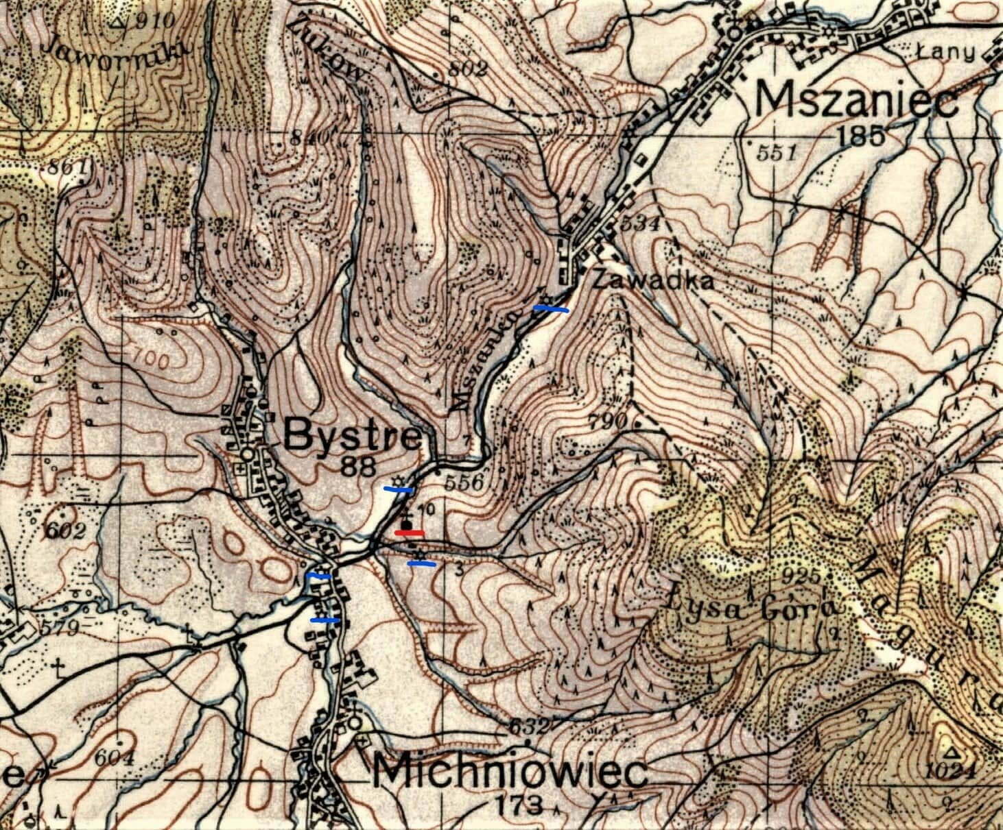 Mapa WIG - 1938 rok. Czerwony kolor to miejsce po kapliczce,  niebieski kolor to młyny wodne / fot. archiwum Bogusława Kochanowicza