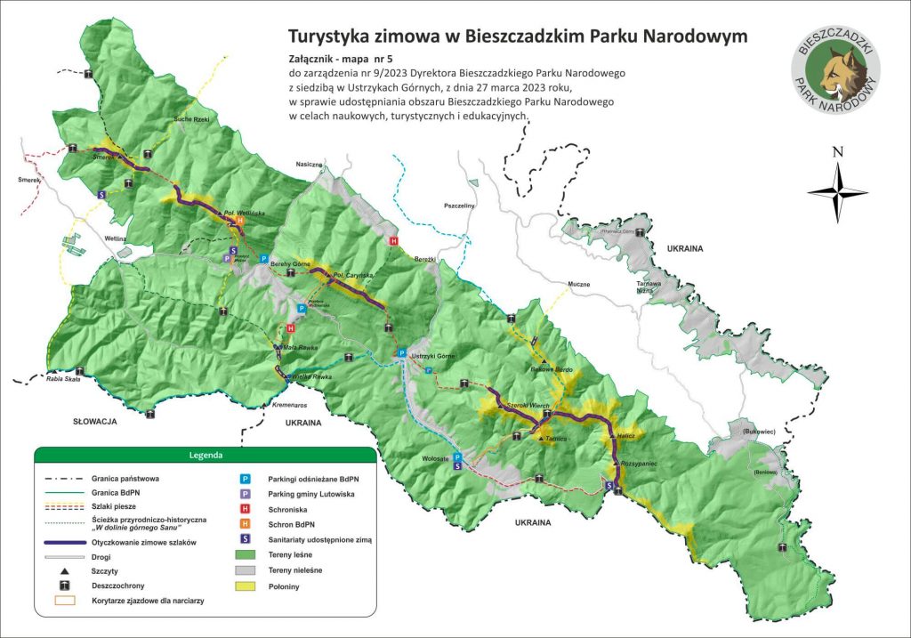 Korytarze zjazdowe dla narciarzy - mapa Bieszczadzkiego Parku Narodowego / fot. bdpn.pl